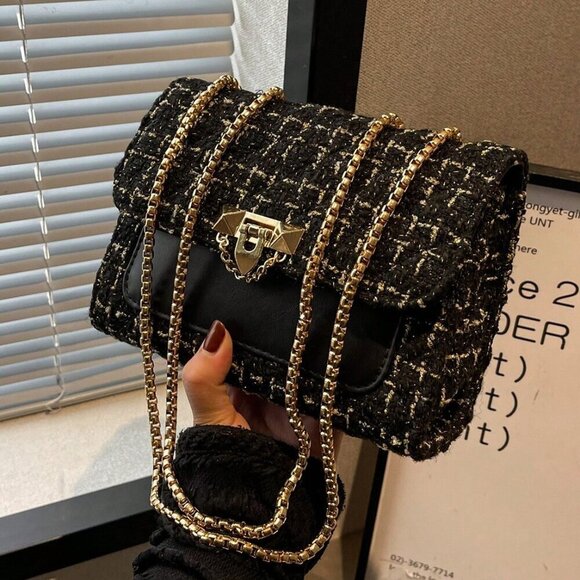 Handbags - Black Elegant Women's Plaid Thick Small Square Bag Shoulder Bag